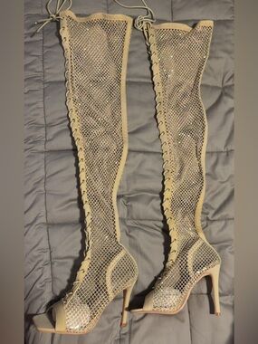 Rhinestone Mesh Lace-Up thigh high boots Heels in Nude